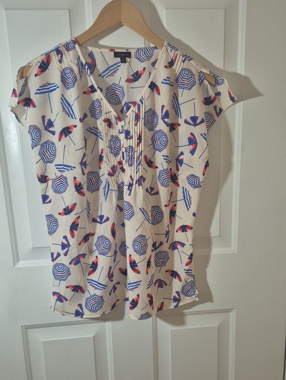 Talbots Cream V-Neck Blouse with Blue and Red Umbrella Print Size M